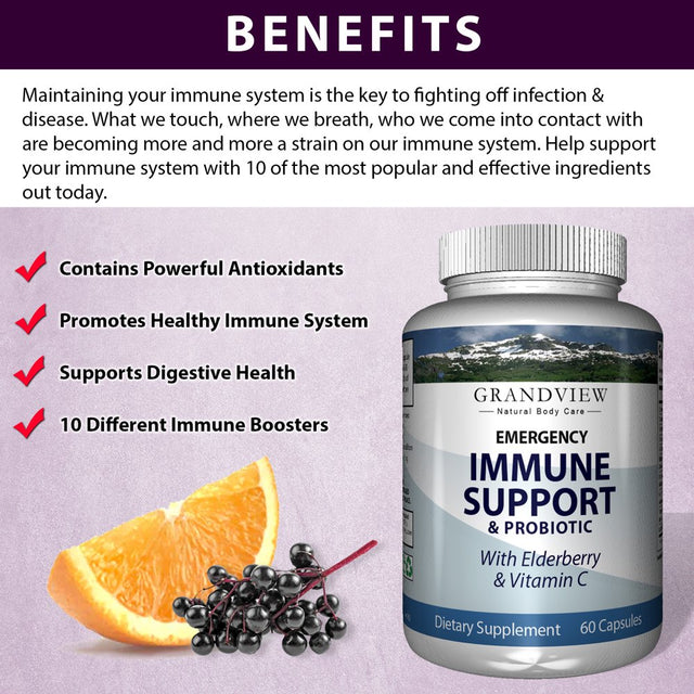 Emergency Immune Support & Probiotic with Elderberry & Vitamin C - 10 Immune Boosting Ingredients. Powerful Antioxidant, Supports Digestive Health.