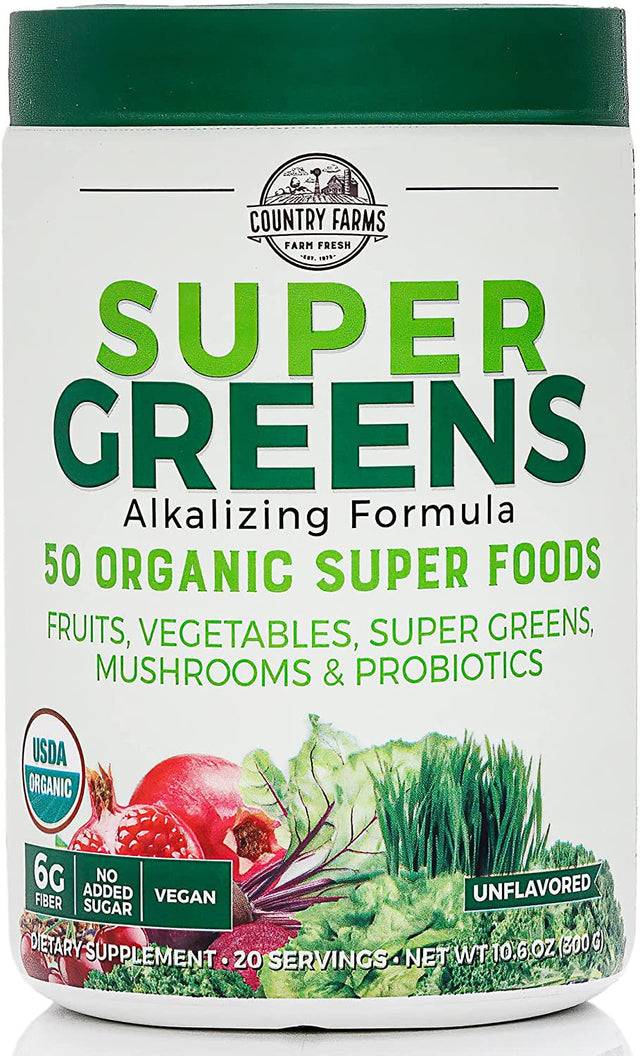 Country Farms Super Greens Natural Flavor, 50 Organic Super Foods, USDA Organic Drink Mix, Super Foods, Mushrooms & Probiotics, Supports Energy, 20 Servings, 10.6 Oz