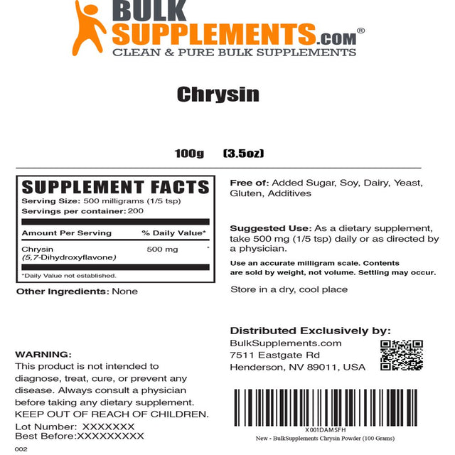 Bulksupplements.Com Chrysin Powder, 500Mg - Estrogen Blocker for Men (100 Grams)