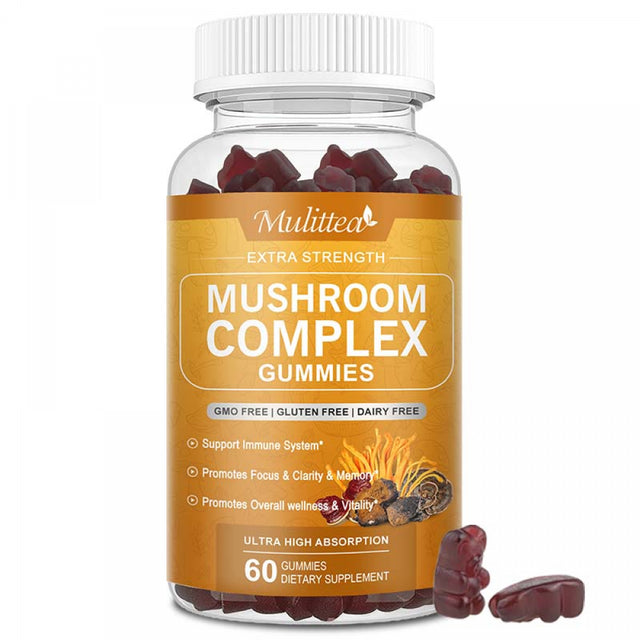 Mulittea Mushroom Complex Gummies 2500Mg Nootropic Brain Supplement Supports Brain Health, Focus, Memory 60 Count