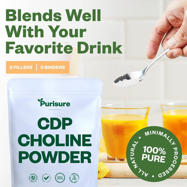 Purisure CDP Choline Powder, 10G, Brain Supplement, Reduces Mental Fatigue, 40 Uses