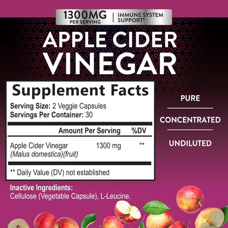 Apple Cider Vinegar Capsules for Detox and Cleanse, Digestion, and Immune Support, - 1300 Mg per Serving Premium ACV Pills - Gluten Free, Keto Friendly, Non-Gmo Supplement - 60 Capsules