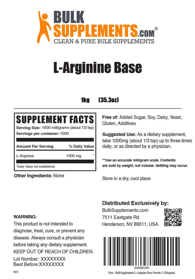 Bulksupplements.Com L-Arginine Base Powder - Arginine Supplement - L-Arginine 1000Mg (1 Kilogram)