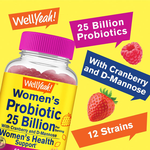 Wellyeah 25 Billion Probiotics for Women Cranberry and D-Mannose Gummies (2 Pack) - Vaginal and Gut Health, Digestive Support, and Feminine Health - Womens Probiotic with 12 Strains - 60 Gummies