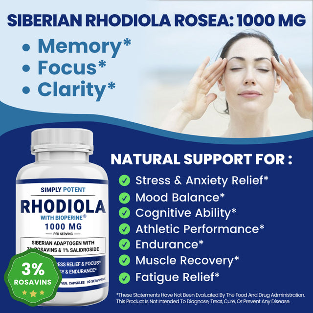 Siberian Rhodiola Rosea Capsules, Max Absorption Rhodiola 1000Mg 180 Pills with 10Mg Bioperine, Rhodiola Root Powder Extract Supplement W 3% Rosavins & 1% Salidroside for Stress Relief, Mood & Energy