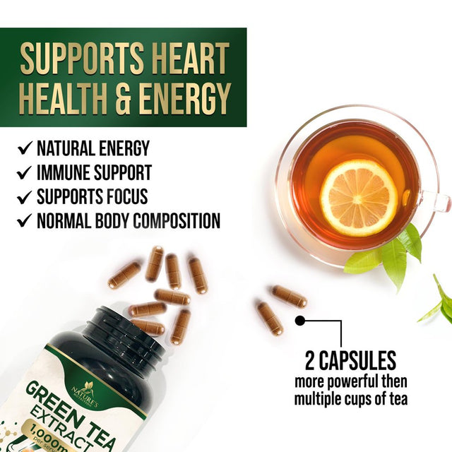 Nature'S Green Tea Extract Pills 98% Standardized EGCG 1000Mg - 3X Strength for Natural Energy & Supports Heart Antioxidant Health - Herbal Supplement with Polyphenols, Vegan, Non-Gmo - 60 Capsules