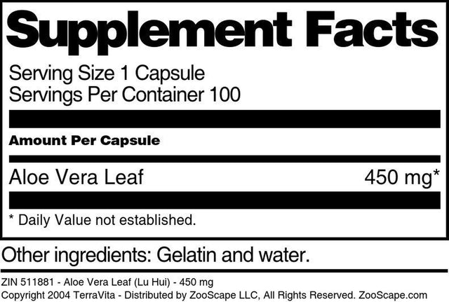 Terravita Aloe Vera Leaf (Lu Hui) - 450 Mg, (100 Capsules, 1-Pack, Zin: 511881)