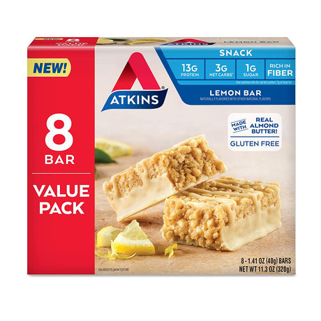 Atkins Lemon Snack Bar, Made with Real Almond Butter, 1G Sugar, Gluten Free, High in Fiber, Keto Friendly, 8 Count