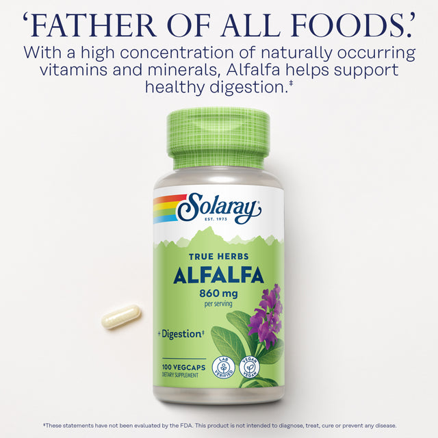 Solaray Alfalfa Leaf 860Mg | Vitamin-Rich Superfood W/ Fiber & Chlorophyll | Healthy Blood, Kidneys & Digestion Support | Non-Gmo, Vegan | 100 Vegcaps