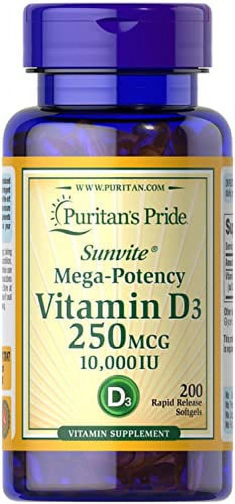 Puritan'S Pride Vitamin D3 250 Mcg (10,000 IU)-200 Softgels, White