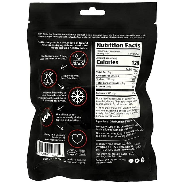 Nordic Catch Freeze Dried Cod Bites Seafood Snacks - Chips Made from Wild Caught Icelandic Fish - Healthy Snack, Rich in Omega 3 Fatty Acids, Protein Packed Keto Friendly Food - 35G Resealable Bag