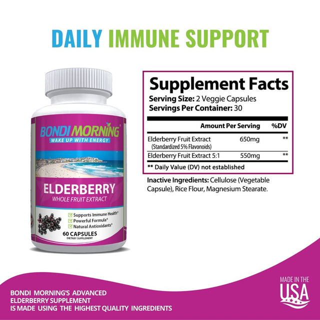 Elderberry Extract Immune Support Supplement – Elderberry Pills for Adults with Vitamins C, B6, and A, Aid Digestion, Immunity – Tasteless Immune Defense Vegetable Capsules by Bondi Morning, 60-Count