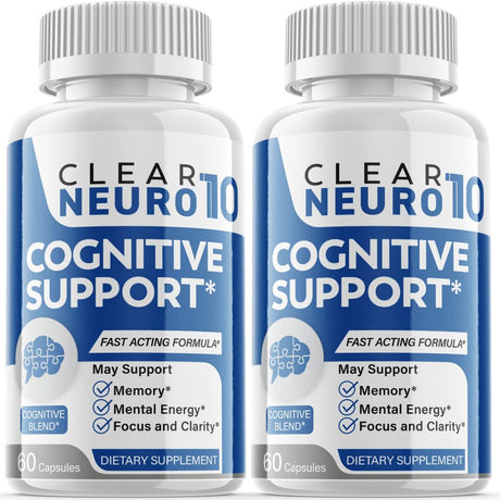 (2 Pack) Clear Neuro 10 - Nootropic Memory Booster Dietary Supplement for Focus, Memory, Clarity, & Energy - Advanced Cognitive Support Formula for Maximum Strength - 120 Capsules