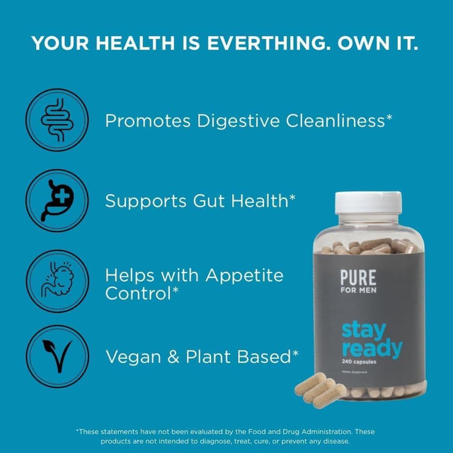 Pure for Men Stay Ready Fiber Supplement, 240 Vegan Capsules | Supports Daily Digestive Cleanliness and Regularity | Psyllium Husk, Aloe Vera, Chia Seeds, Flaxseeds | Proprietary Formula