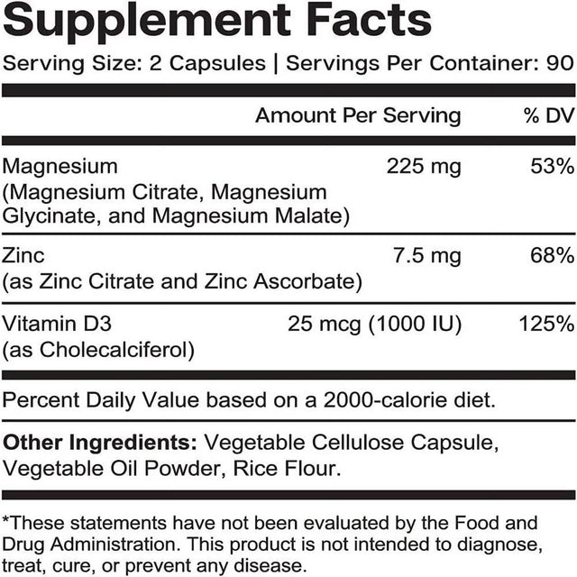 Magnesium & Zinc with Vitamin D3 by Essential Elements - for Sleep Immune & Bone Support | Magnesium Citrate, Glycinate, Malate 225Mg - Triple Magnesium Supplement for Women and Men - 3 Month Supply