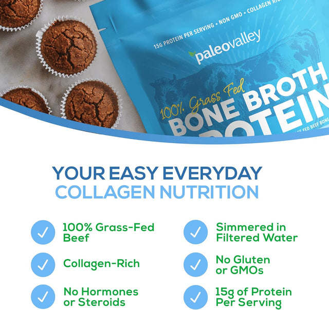 Paleovalley 100% Grass Fed Beef Bone Broth Protein Powder - Rich in Collagen Peptides for Hair, Skin, Gut Health, Bone and Joint Support - 28 Servings, 15G Protein per Serving - No Gluten or Gmos