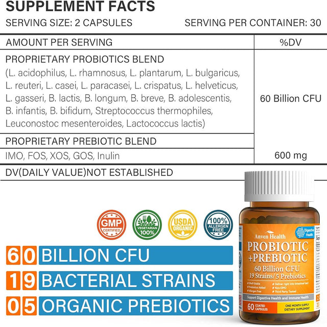 Prebiotics & Probiotics for Women and Men - Probiotics 60 Billion, 19 Strains Acidophilus Probiotic Supplement for Gut Digestive, Immune, Feminine Health, Shelf Stable Soy & Dairy Free | 60 Vegan Caps