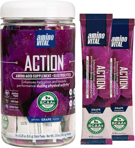 Amino Vital Action- BCAA Amino Acid Drink Mix | Single Serve Pre Workout Packets for Energy and Hydration | No Caffeine, Keto, Vegan Supplement | 28 Stick Packs | Grape & Lemon