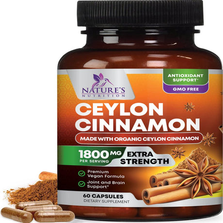 Pure Cinnamon Capsules, Certified Organic Ceylon Cinnamon Pills, Non-Gmo, Gluten-Free, Dairy-Free, Sri Lanka Cinnamon Powder Supplement, Best Vegan True Cinnamomum Vitamins, Sugar Free - 60 Capsules