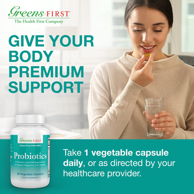 Greens First Probiotics - 20 Billion CFU of Beneficial Bacteria - FOS Soluble Fiber - Supports Gut, Digestive Health, and Skin Appearance - 30 Servings/Capsules