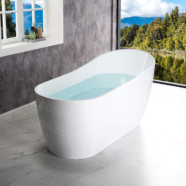 WOODBRIDGE 67"Freestanding White Acylic Soaking Bathtub with White Pillow,Drain and Overflow in Matte Black,Bta1508 -Mb-Drain &O+ Pillow