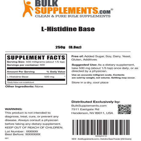 Bulksupplements.Com L-Histidine Base Powder 500Mg - Kidney Support Supplement (250 Grams)