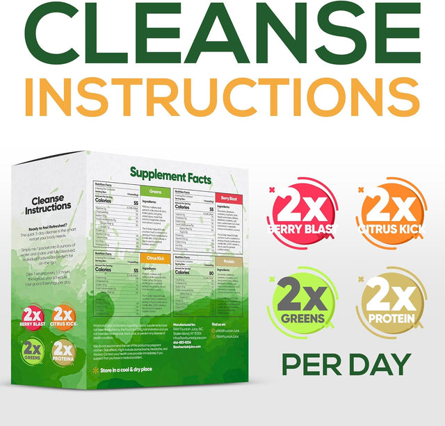 Raw Fountain 3 Day Juice Cleanse Detox, Weight Management Program, 24 Powder Packets, Travel and Vegan Friendly, 4 All Natural Flavors, Includes Protein (3 Day)