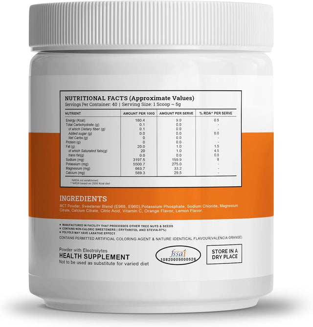 Wellcore - Electrolytes (200G), Orange |Electrolyte Drink with 5 Vital Electrolytes: Na, Mg, Ca, K, Po4 |Sugar Free Electrolyte Powder, Fat Fuel Powered for Sustained Energy|Keto Electrolyte