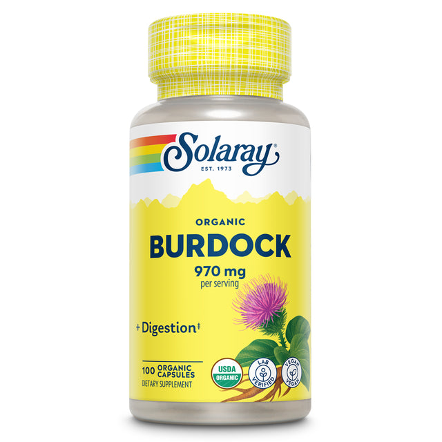 Solaray Organic Burdock Root 970 Mg - Digestive Support Supplement - USDA Burdock Root Organic - Vegan, Lab Verified, 60-Day Money-Back Guarantee - 50 Servings, 100 Organic Capsules