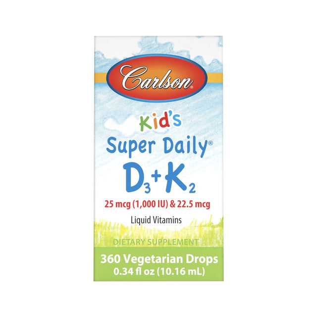 Carlson - Kid'S Super Daily D3+K2, 25 Mcg (1000 IU) & 22.5 Mcg, Liquid Vitamins D & K, Vegetarian, Unflavored, 360 Drops