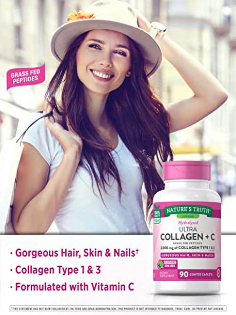 Nature'S Truth Hydrolyzed Collagen Peptides | 90 Caplets | Type 1 and 3 with Vitamin C | Grass Fed, Non-Gmo, Gluten Free Pill Supplement