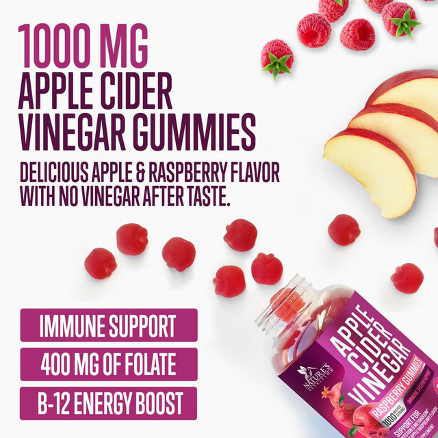 Vegan Apple Cider Vinegar Gummies 1000Mg for Detox and Cleanse, Nature'S ACV Gummy Vitamins B12 Supplement for Digestion, Natural Apple Raspberry Flavor, Non-Gmo, Gluten Free for Adults - 60 Gummies