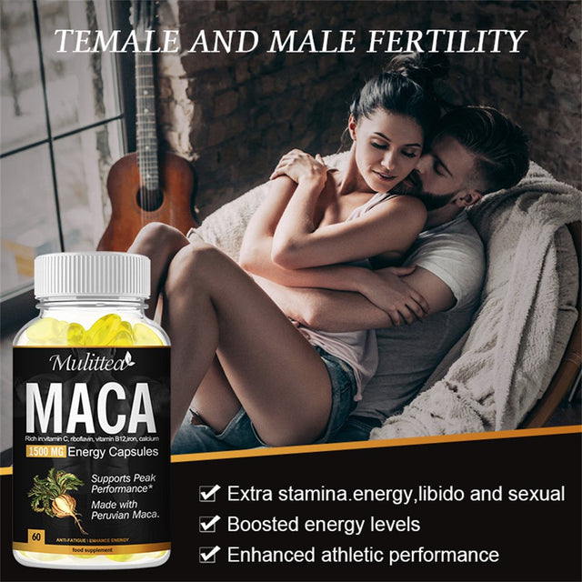 Mulittea 100% Pure Maca Root Extract Capsules 1500Mg, Enhancing Energy Male Supplement, Non-Gmo