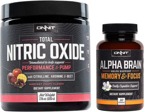 ONNIT Nootropic + Preworkout Stack - Alpha Brain (90Ct) + Total Nitric Oxide (Harvest Fruit)