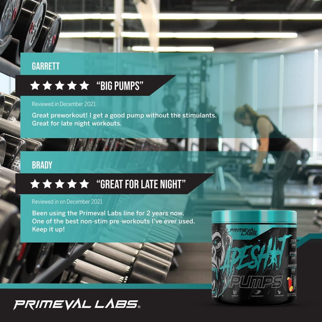 Primeval Labs Ape Pumps Natural Pre Workout Powder | Caffeine Free Preworkout for Endurance, Muscle Growth, Strength & Hydration Beta Alanine, L Citrulline, Agmatine | Cherry Lemonade 40 Servings