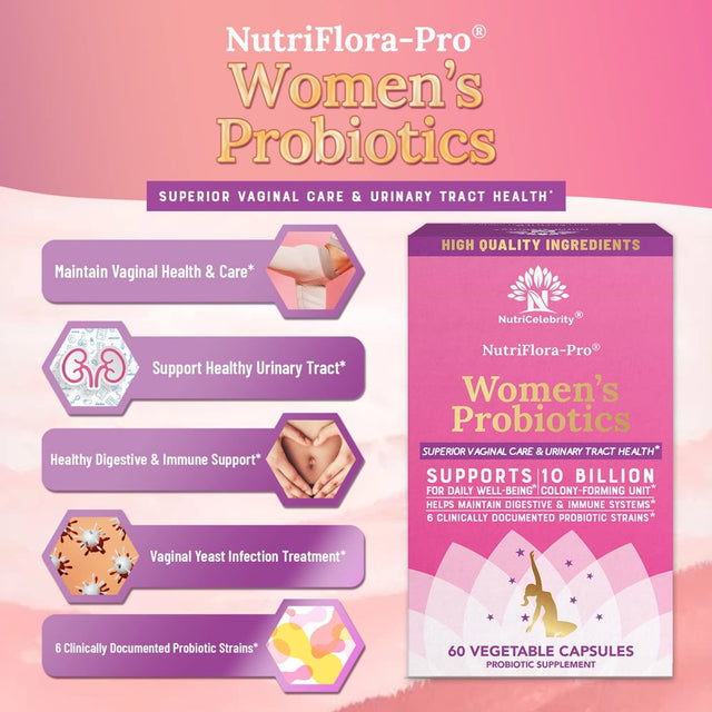 Nutricelebrity Nutriflora-Pro Probiotics for Women - Support Vaginal, Urinary Health (UTI), Digestive System, Period Pain, Yeast, and BV Relief, Cranberry Pills, 10 Billion CFU 6 Strains 60 Cap 2 Pack