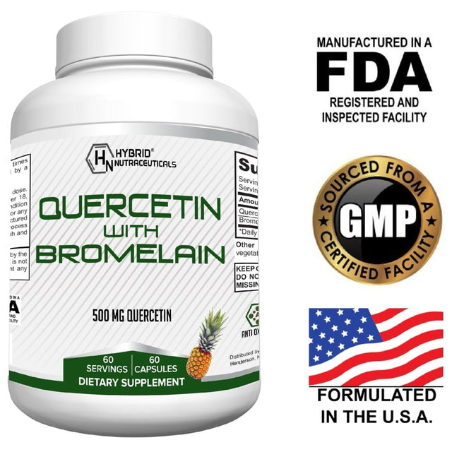 Hybrid Nutraceuticals Quercetin 500Mg with Bromelain - Advanced Immunity Support, Healthy Heart, Joint & Respiratory System, Non-Gmo - 60 Capsules