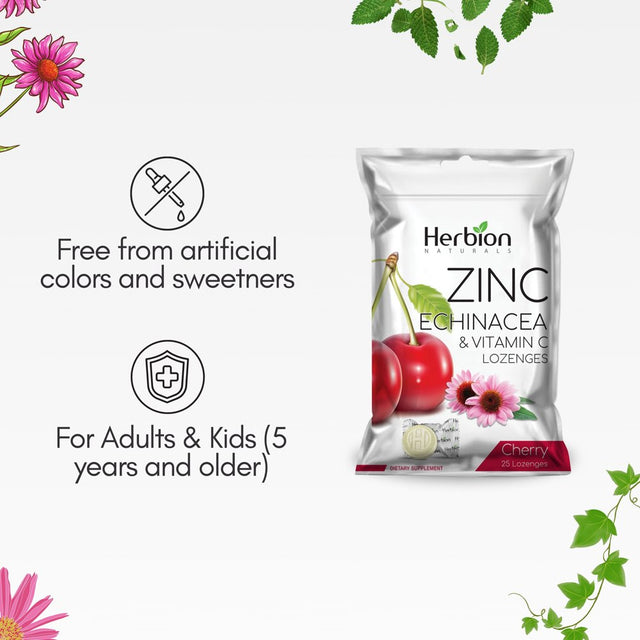 Herbion Naturals Zinc, Echinacea & Vitamin C Lozenges with Cherry Flavor, 25 CT - Dietary Supplement for Adults & Children 5+ - Promotes Wellness for the Whole Family - (Pack of 5) (125 Lozenges