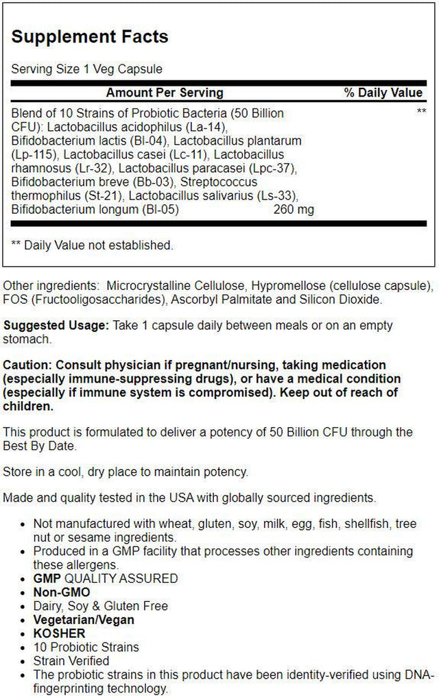 NOW Supplements, Probiotic-10™, 50 Billion, with 10 Probiotic Strains, Strain Verified, 50 Veg Capsules