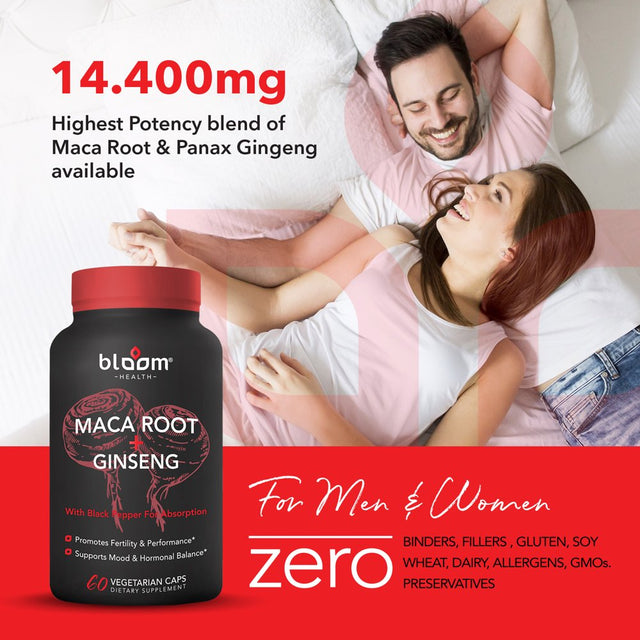 Bloom Health Maca Root + Ginseng Supplement 11400Mg High - Potency 60CT