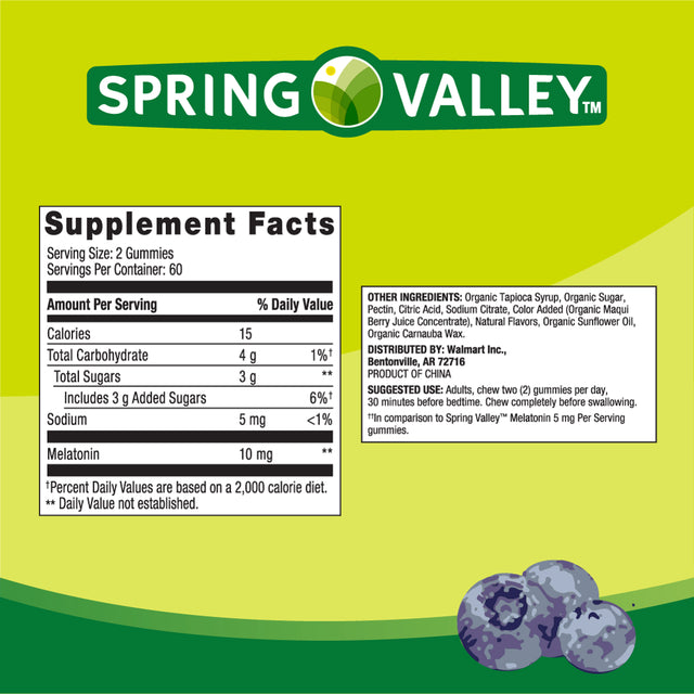 Spring Valley Non GMO Melatonin Vegetarian Gummies, Blueberry, 10 Mg, 120 Count Value Size