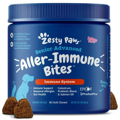 Zesty Paws Immune System Senior Advanced Aller-Immune Bites for Senior Dogs, Allergy Relief and Supports Immune Function, Gut Health & Sensitive Skin, Salmon Flavor, 90 Count Soft Chews