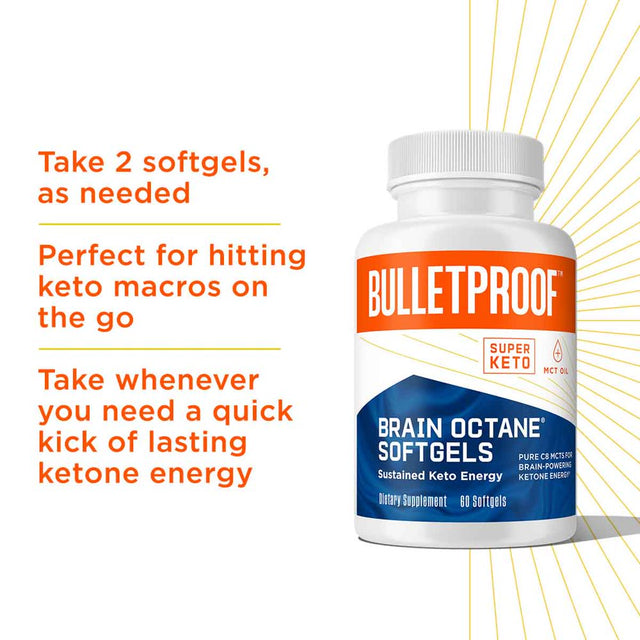 Brain Octane C8 MCT Oil, 2000Mg Caprylic Acid Triglycerides from Non-Gmo Coconuts, 60 Softgels, Bulletproof Keto Supplement for Cognitive Function and Gut Health