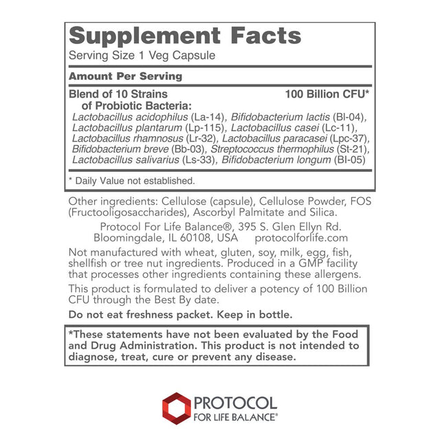 Protocol for Life Balance - Protodophilus - 100 Billion, 10 Strains - Healthy Intestinal Probiotic Flora to Support Digestive Function and Immune Health - 30 Veg Capsules