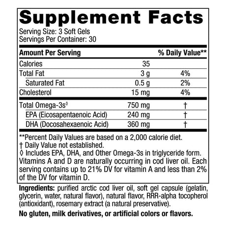 Nordic Naturals Arctic Cod Liver Oil Softgels, 750 Mg, Lemon, Non-Gmo 90 Ct