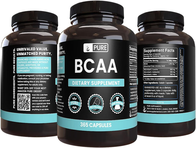 Pure Original Ingredients BCAA (365 Capsules) No Magnesium or Rice Fillers, Always Pure, Lab Verified