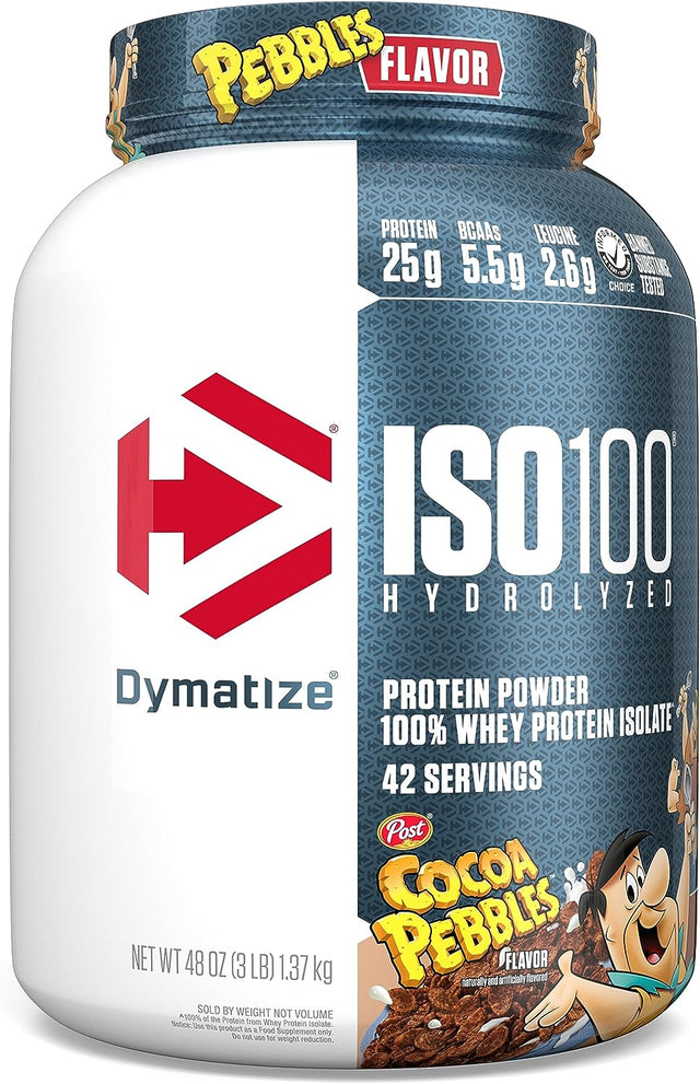 Dymatize ISO100 Hydrolyzed Protein Powder, 100% Whey Isolate , 25G of Protein, 5.5G Bcaas, Gluten Free, Fast Absorbing, Easy Digesting, Cocoa Pebbles, 3 Pound