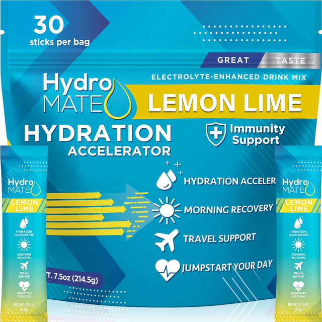 Hydromate Electrolytes Powder Packets Lemon Low Sugar Hydration Accelerator Electrolyte Drink Mix Party Favors for Fast Liquid Dehydration Relief with Vitamin C 30 Count