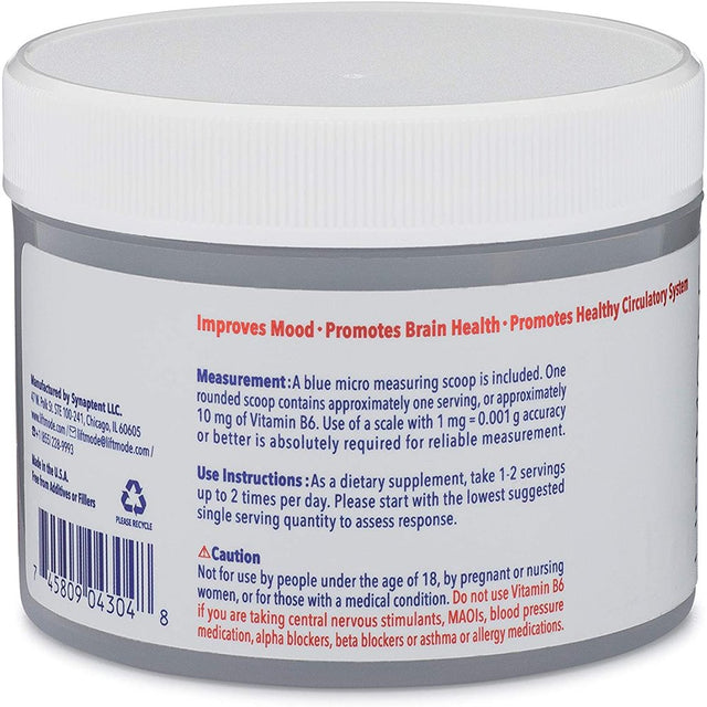 Liftmode Pyridoxine Hcl (Vitamin B6) Powder Supplement - Boosts Mood, Brain Health, & Hemoglobin Production | Vegetarian, Vegan, Non-Gmo, Gluten Free - 100 Grams (10000 Servings)