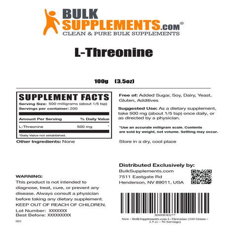 Bulksupplements.Com L-Threonine Powder, 500Mg - Mood Enhancer Supplement (100 Grams)